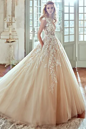 V-Neck A-Line Wedding Dress With Floral Lace Appliques and Pleated Tulle Skirt-MK_701464