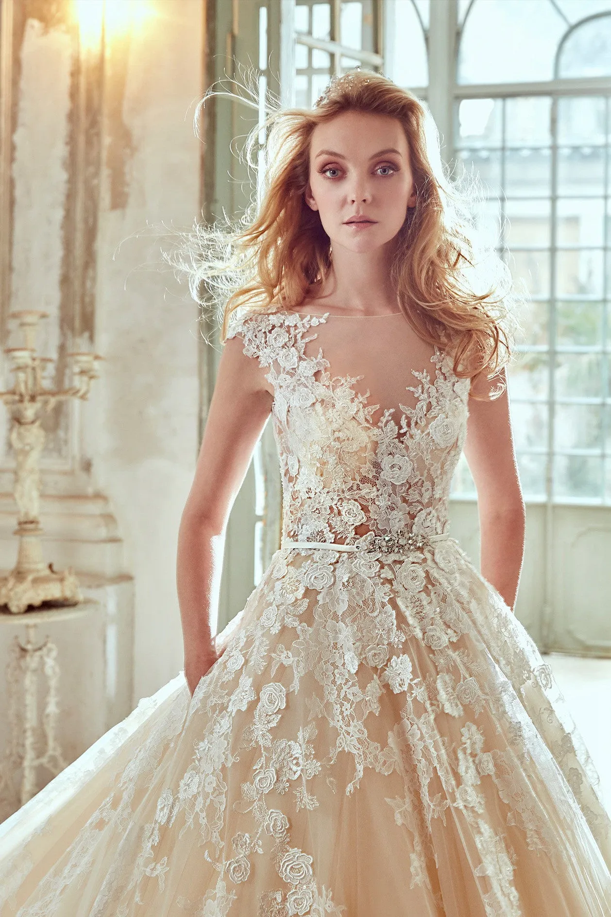 V-Neck A-Line Wedding Dress With Floral Lace Appliques and Pleated Tulle Skirt-MK_701464