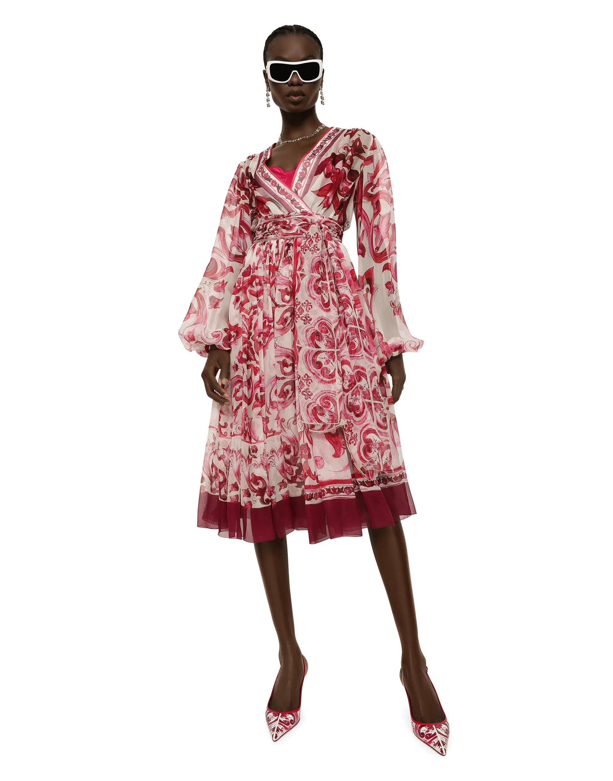 V-neck midi dress in majolica-print silk chiffon
