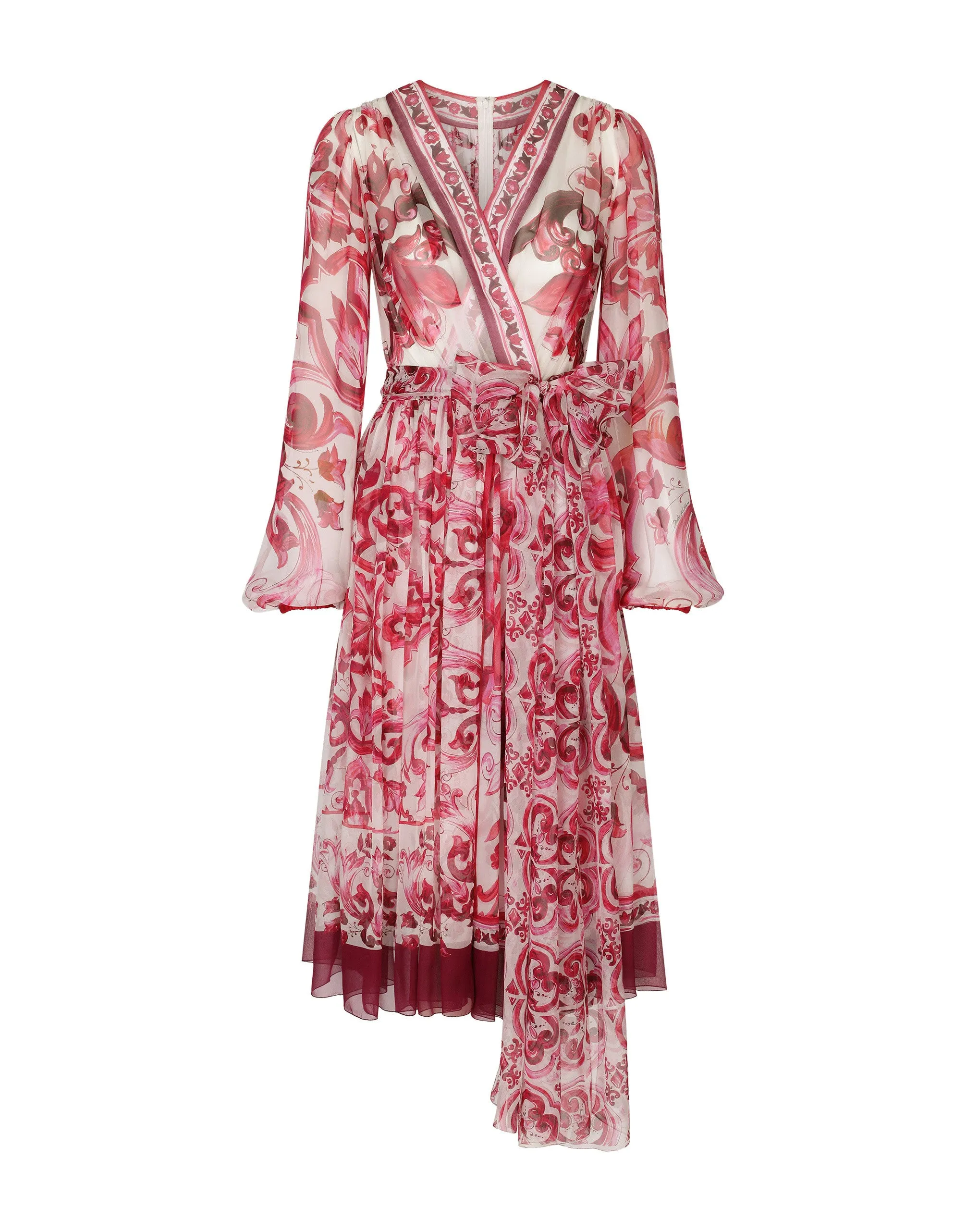V-neck midi dress in majolica-print silk chiffon