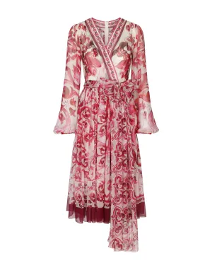 V-neck midi dress in majolica-print silk chiffon