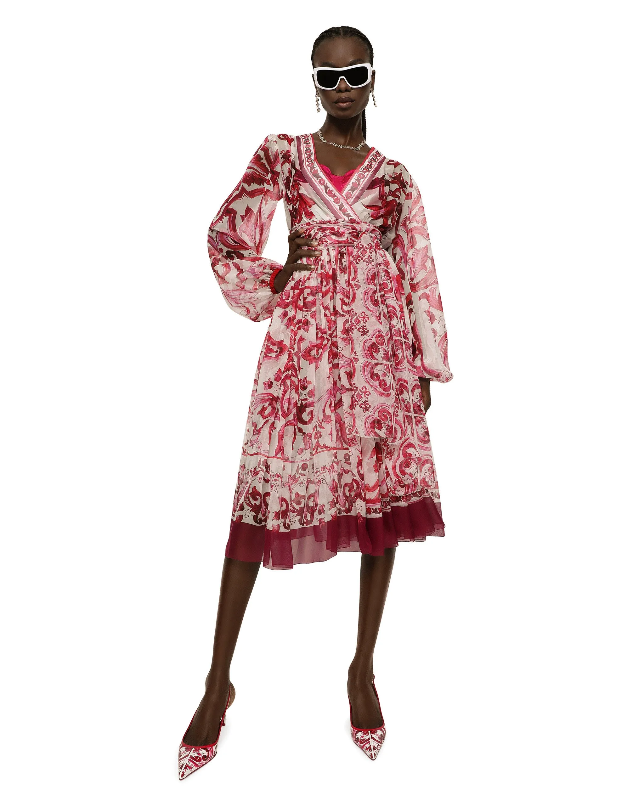 V-neck midi dress in majolica-print silk chiffon