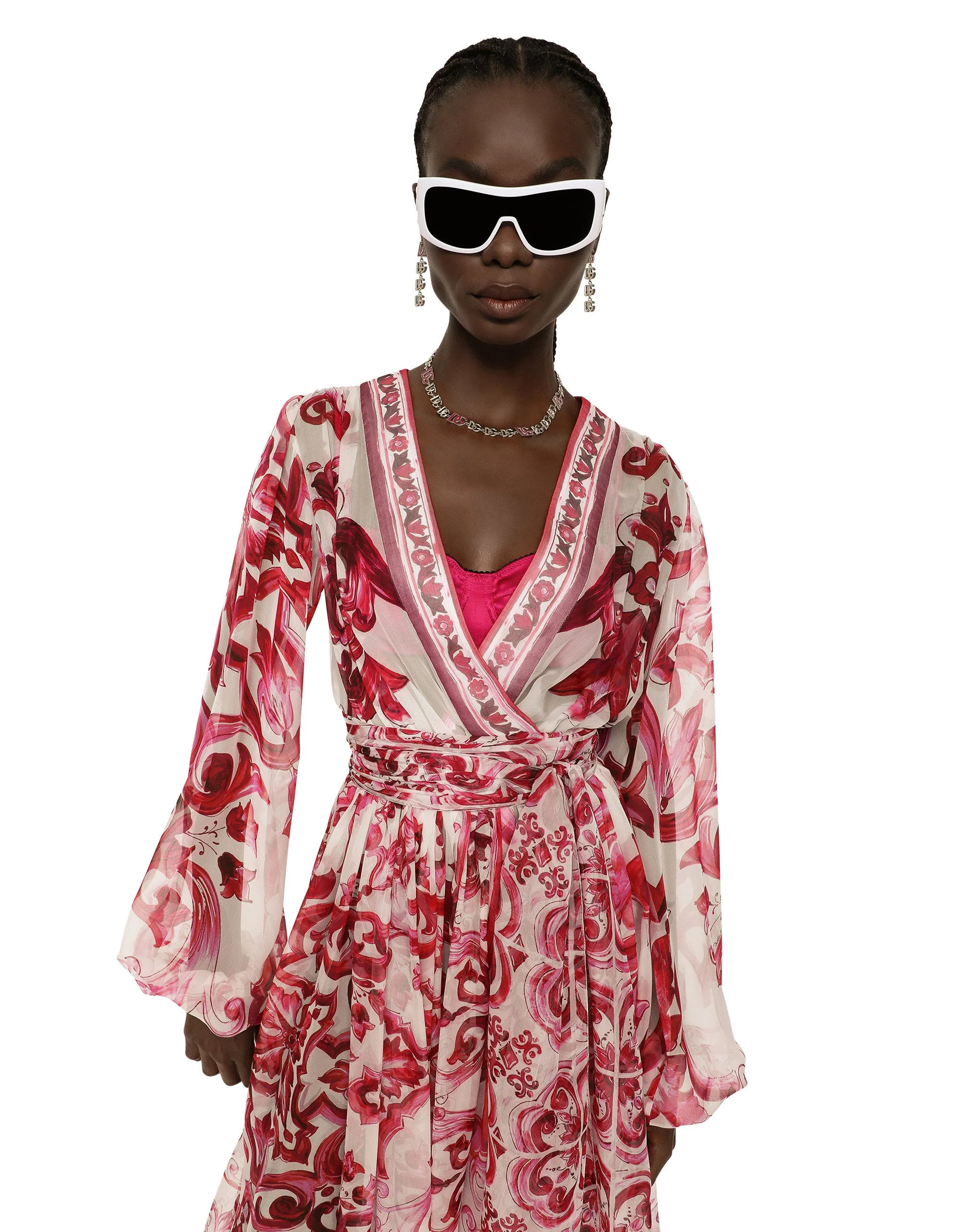 V-neck midi dress in majolica-print silk chiffon