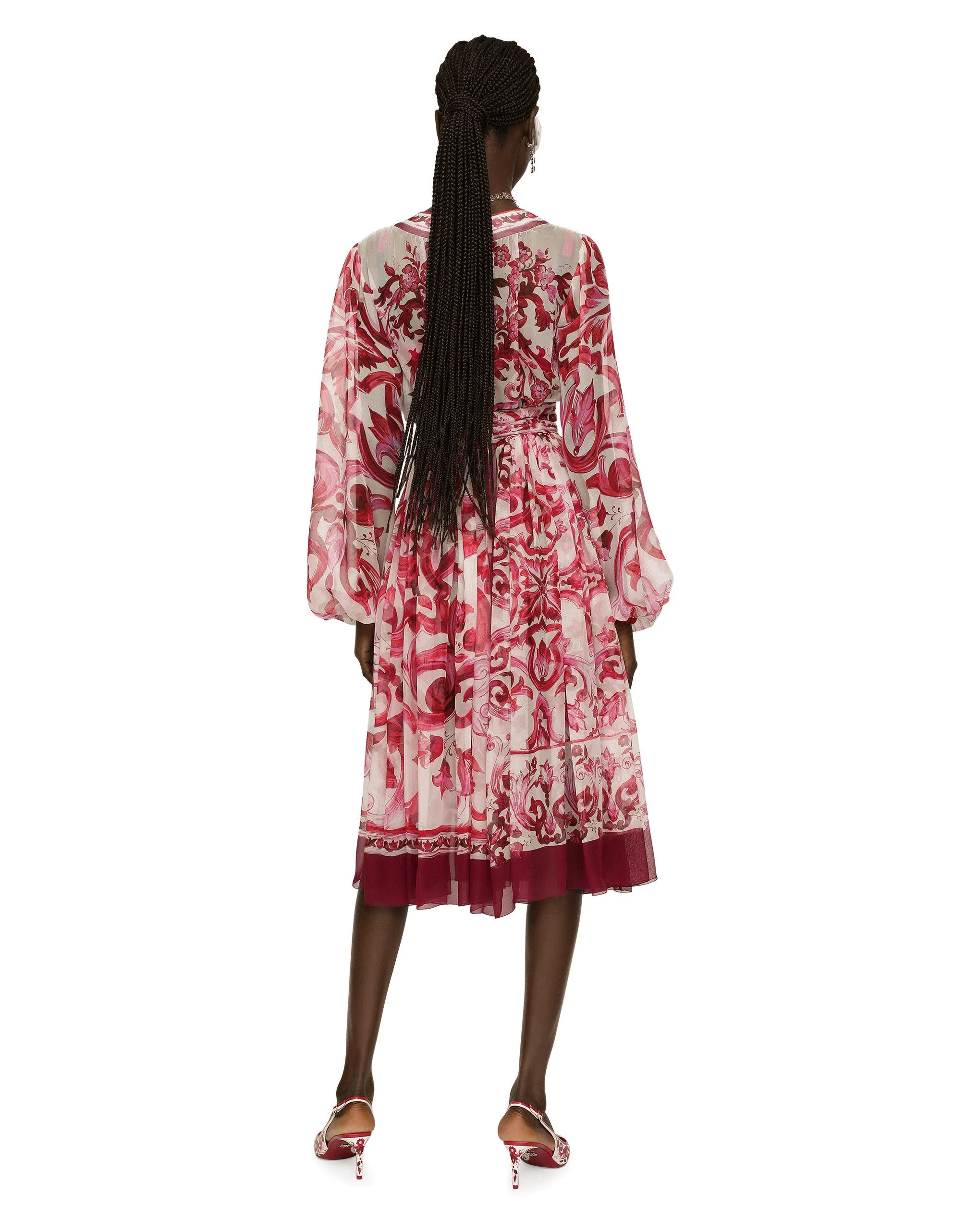V-neck midi dress in majolica-print silk chiffon