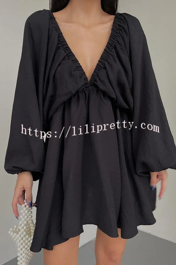 V Neck Puff Sleeve Solid Color Resort Style Mini Dress