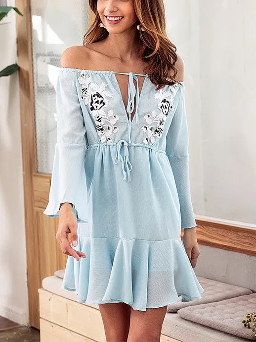 V-neck Women's Ruffled Chiffon Drawstring Trumpet Sleeve Dress