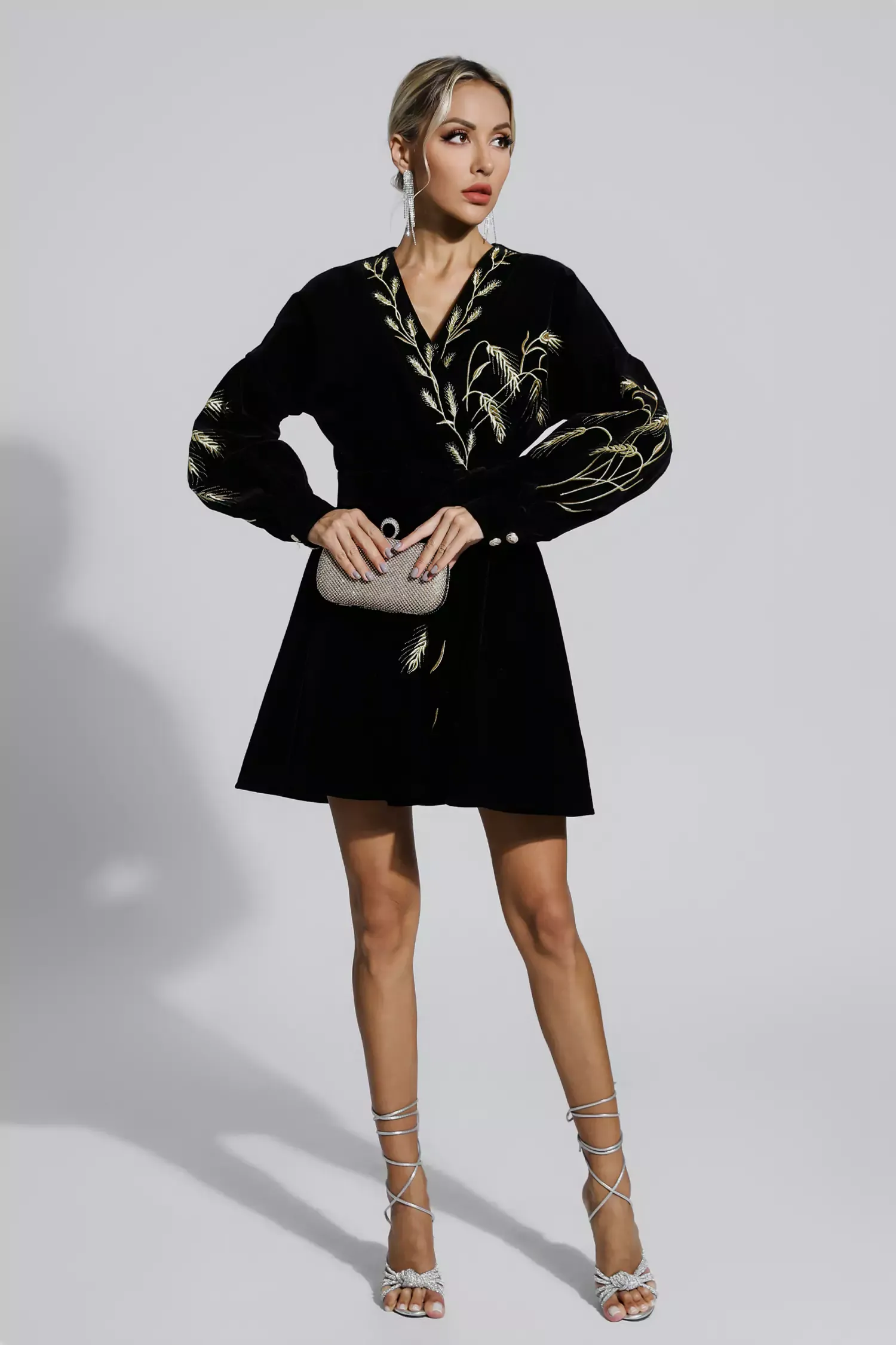 Velvet Wheat Embroidery Mini Dresses