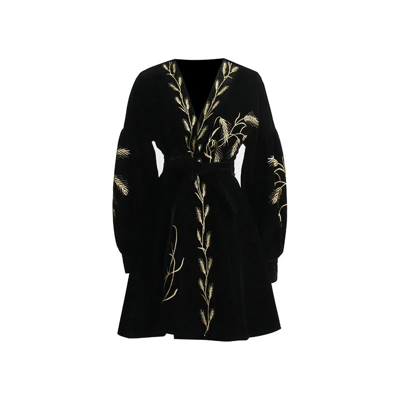 Velvet Wheat Embroidery Mini Dresses