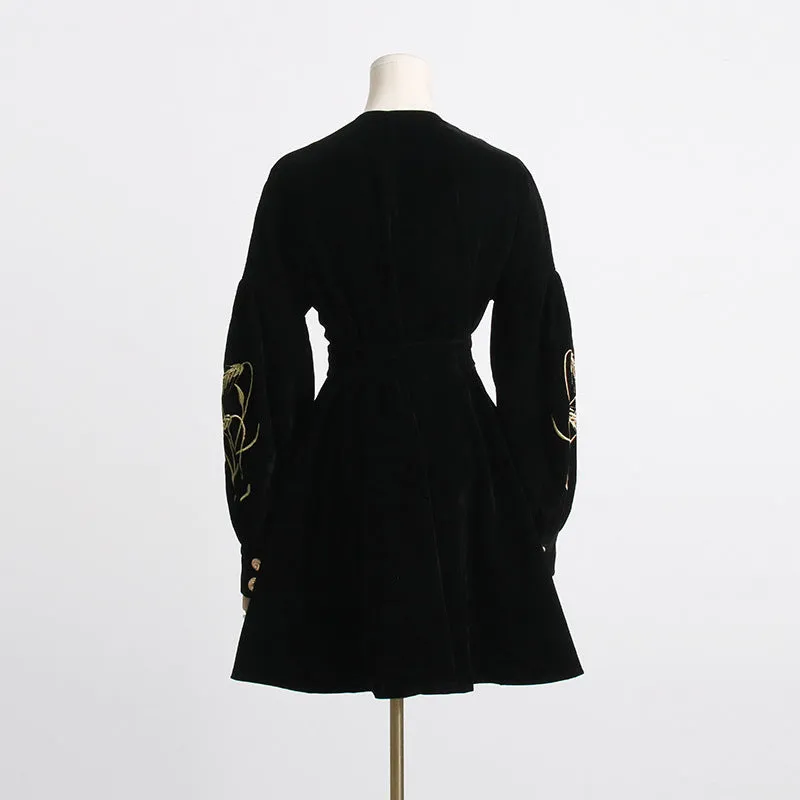 Velvet Wheat Embroidery Mini Dresses