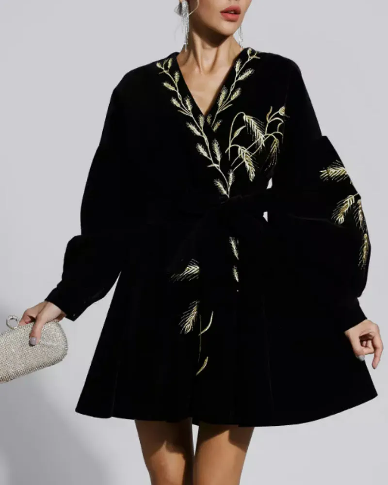 Velvet Wheat Embroidery Mini Dresses