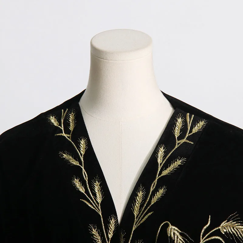Velvet Wheat Embroidery Mini Dresses