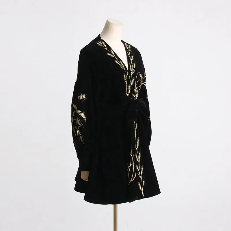 Velvet Wheat Embroidery Mini Dresses