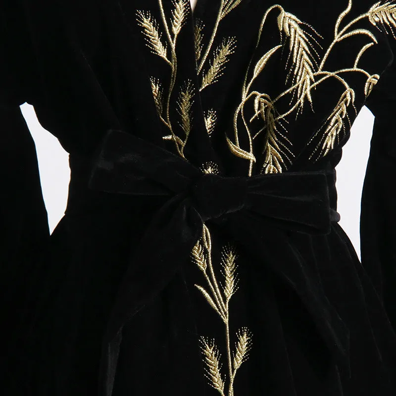 Velvet Wheat Embroidery Mini Dresses