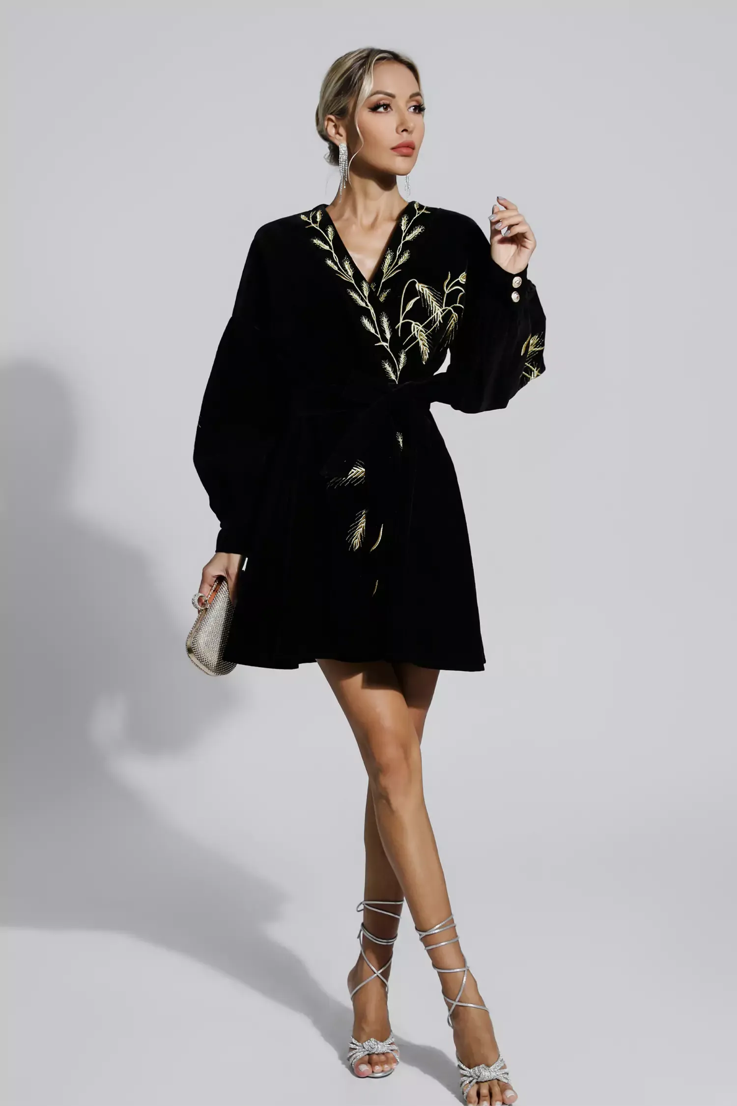 Velvet Wheat Embroidery Mini Dresses