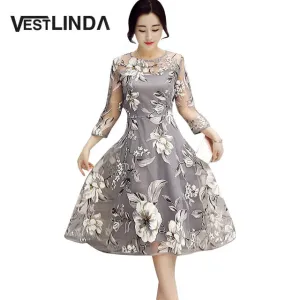 VESTLINDA Retro Vintage Dresses 50s 60s Rockabilly O Neck 3/4 Sleeve A-Line Floral Print Midi Party Dress Summer Women Vestidos