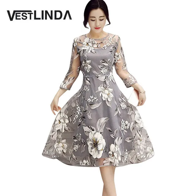 VESTLINDA Retro Vintage Dresses 50s 60s Rockabilly O Neck 3/4 Sleeve A-Line Floral Print Midi Party Dress Summer Women Vestidos