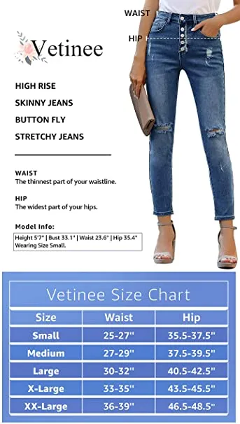 Vetinee Women's High Rise Skinny Jeans Ripped Slim Fit Stretch Denim Pants