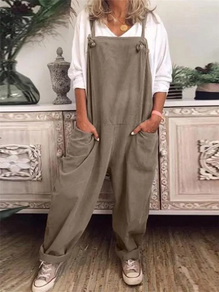 Vintage Adjustable Strap Cotton Linen Dungarees Overalls