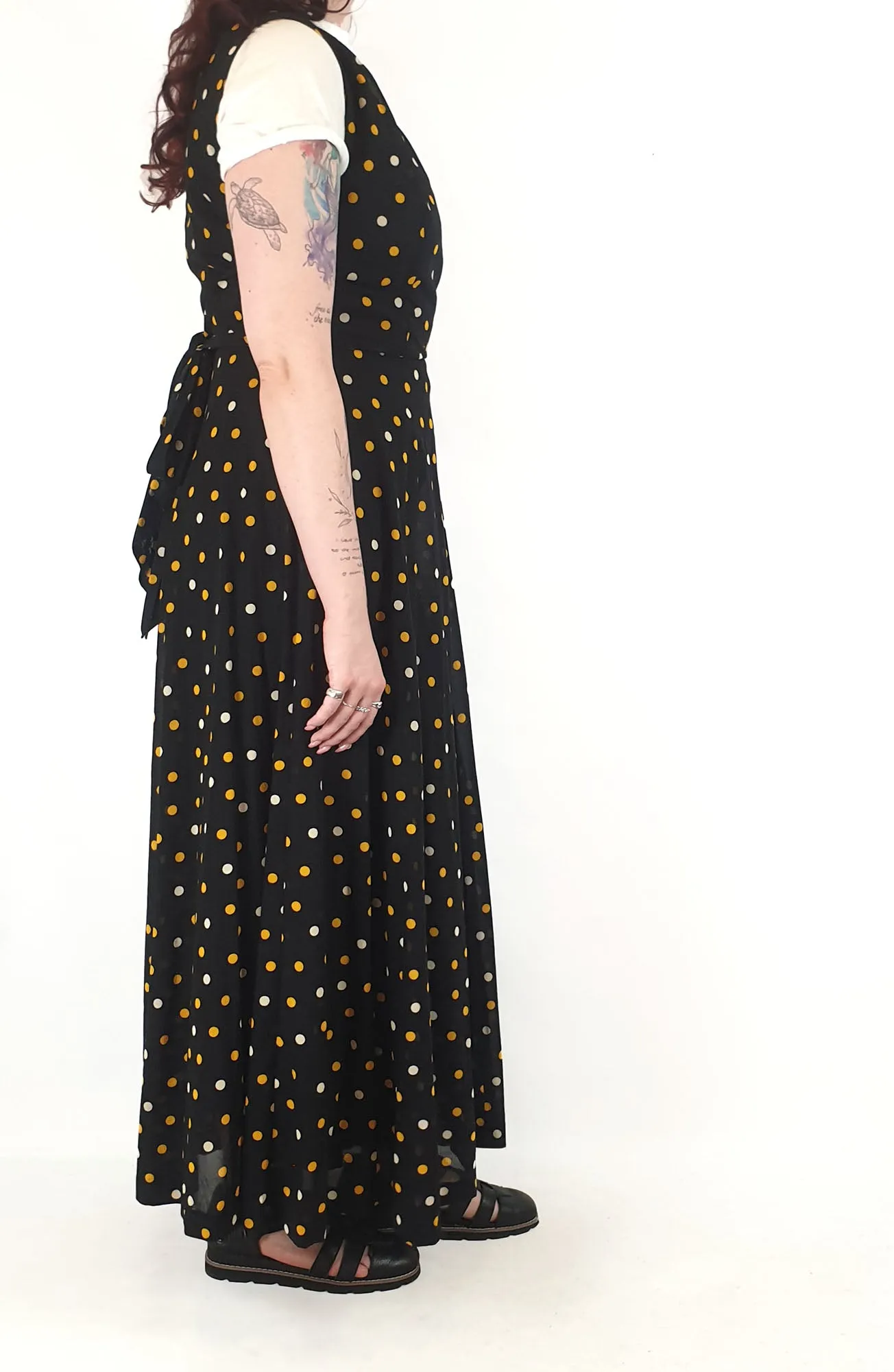 Vintage black polka dot print maxi dress size 12