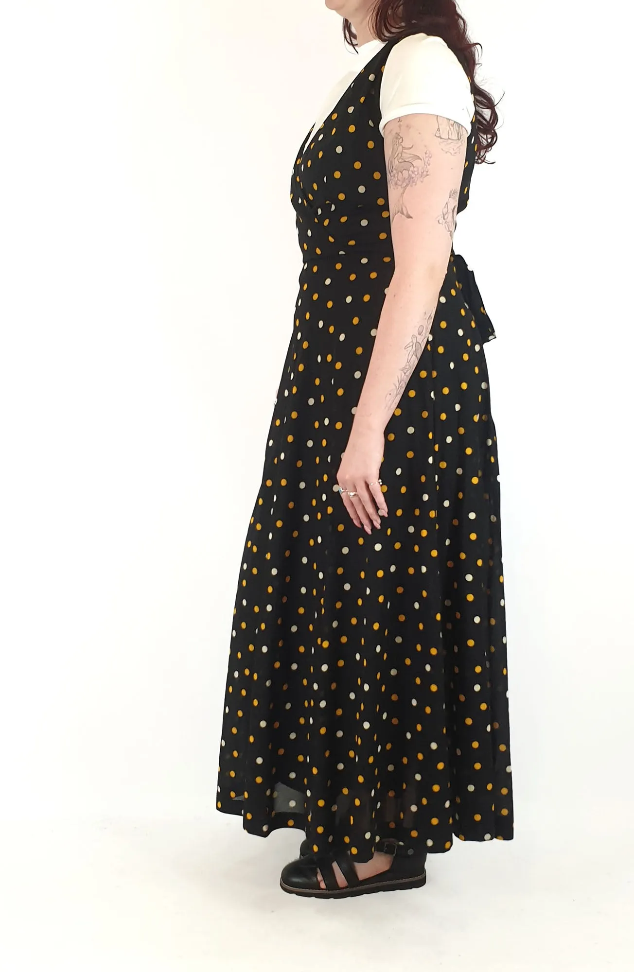 Vintage black polka dot print maxi dress size 12
