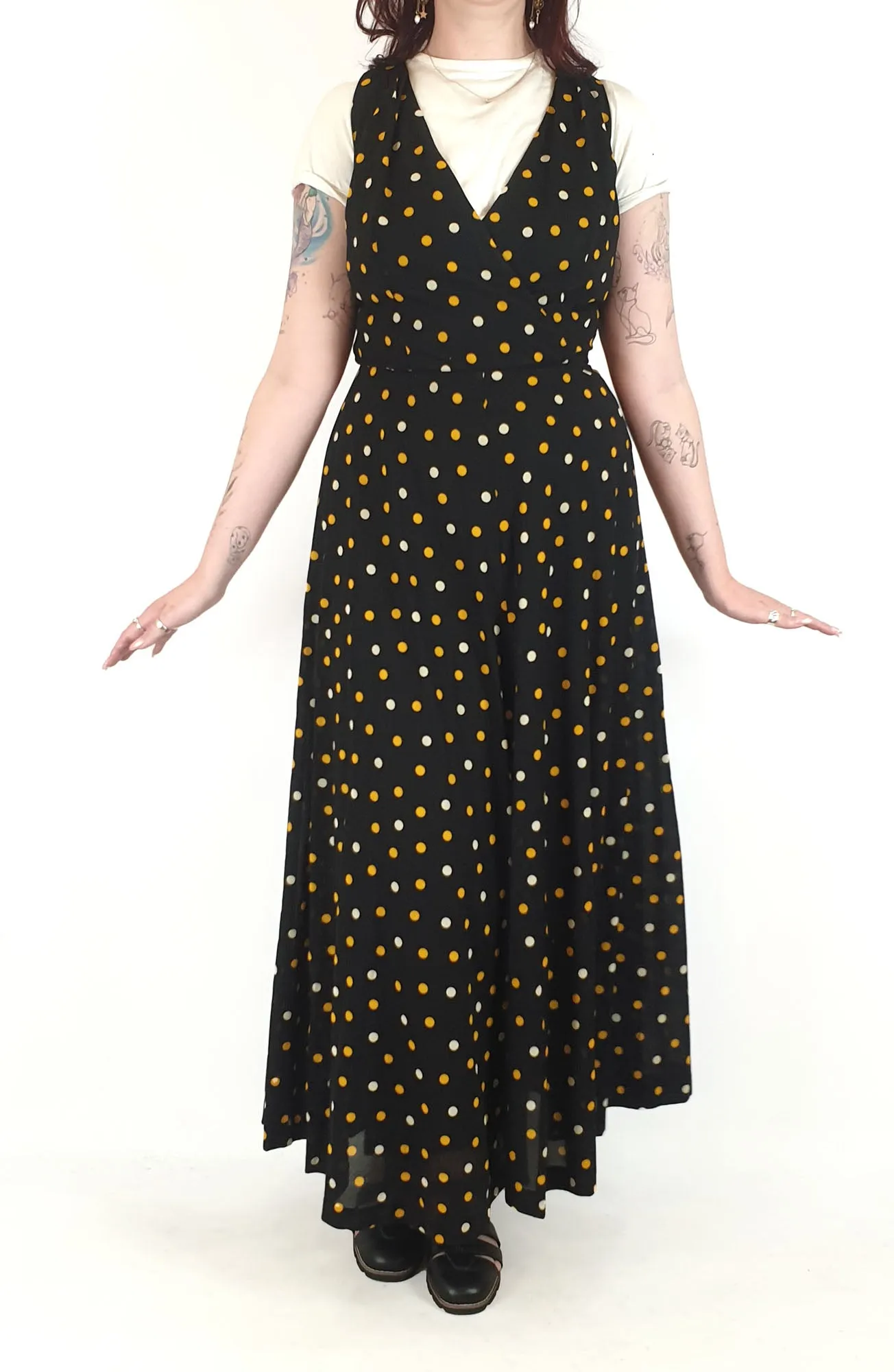 Vintage black polka dot print maxi dress size 12