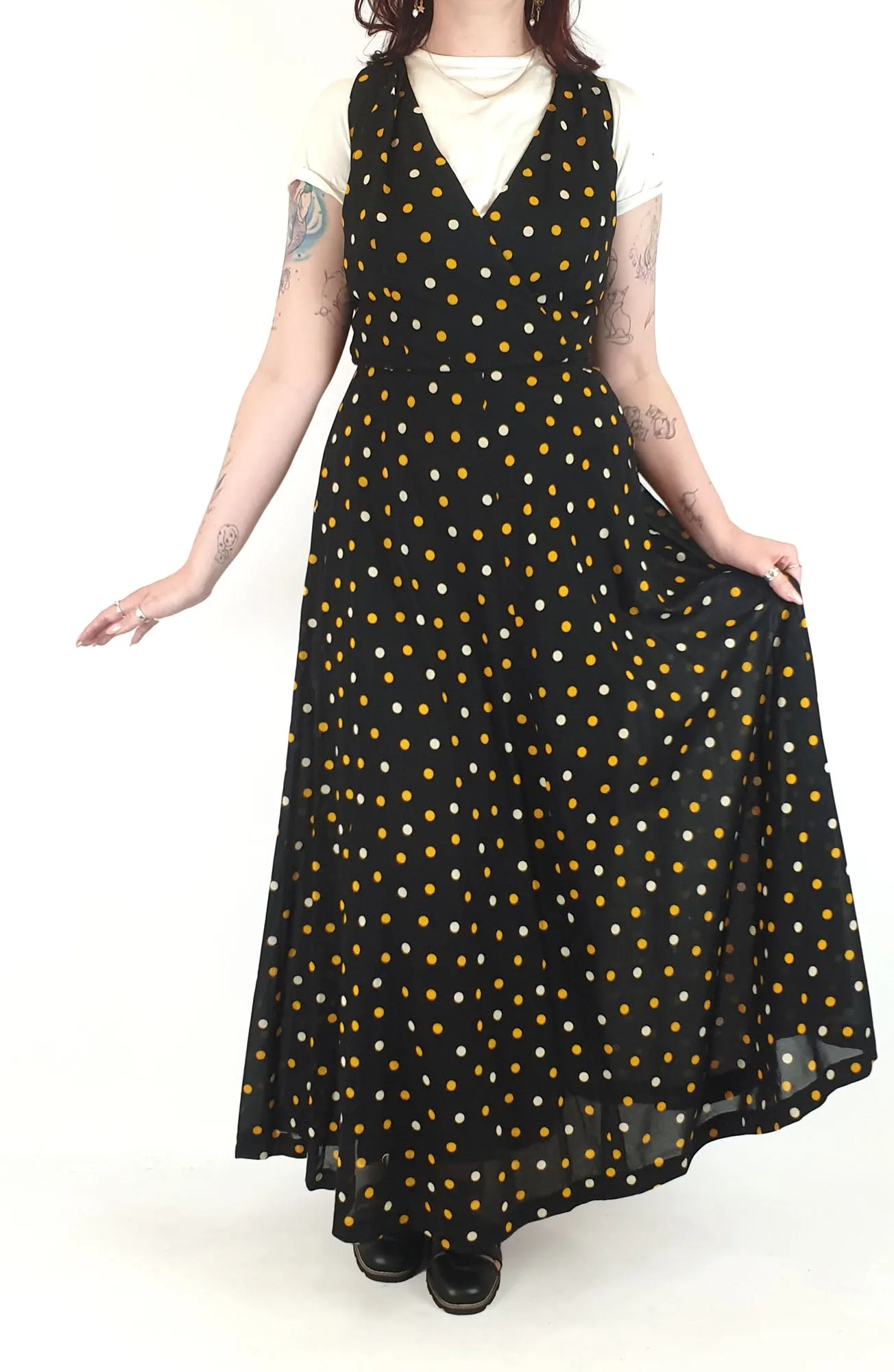 Vintage black polka dot print maxi dress size 12