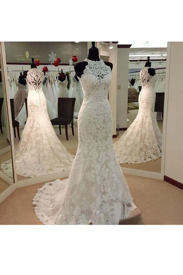 Vintage Illusion High Neck Halter Sleeveless Full Lace Mermaid Wedding Gown-715347