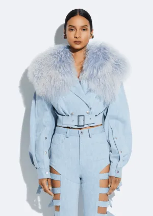 Washed Denim Biker Jacket With Shearling Collar