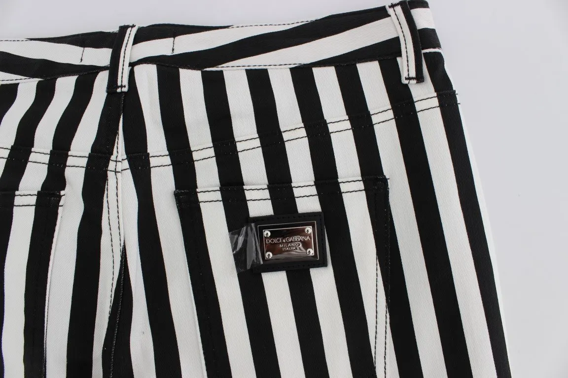 White Black Striped Cotton Stretch Jeans