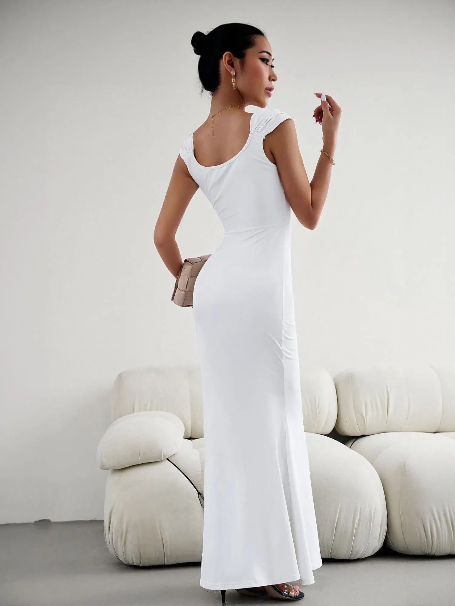 White Bodycon Maxi Dress With Gathered Strap