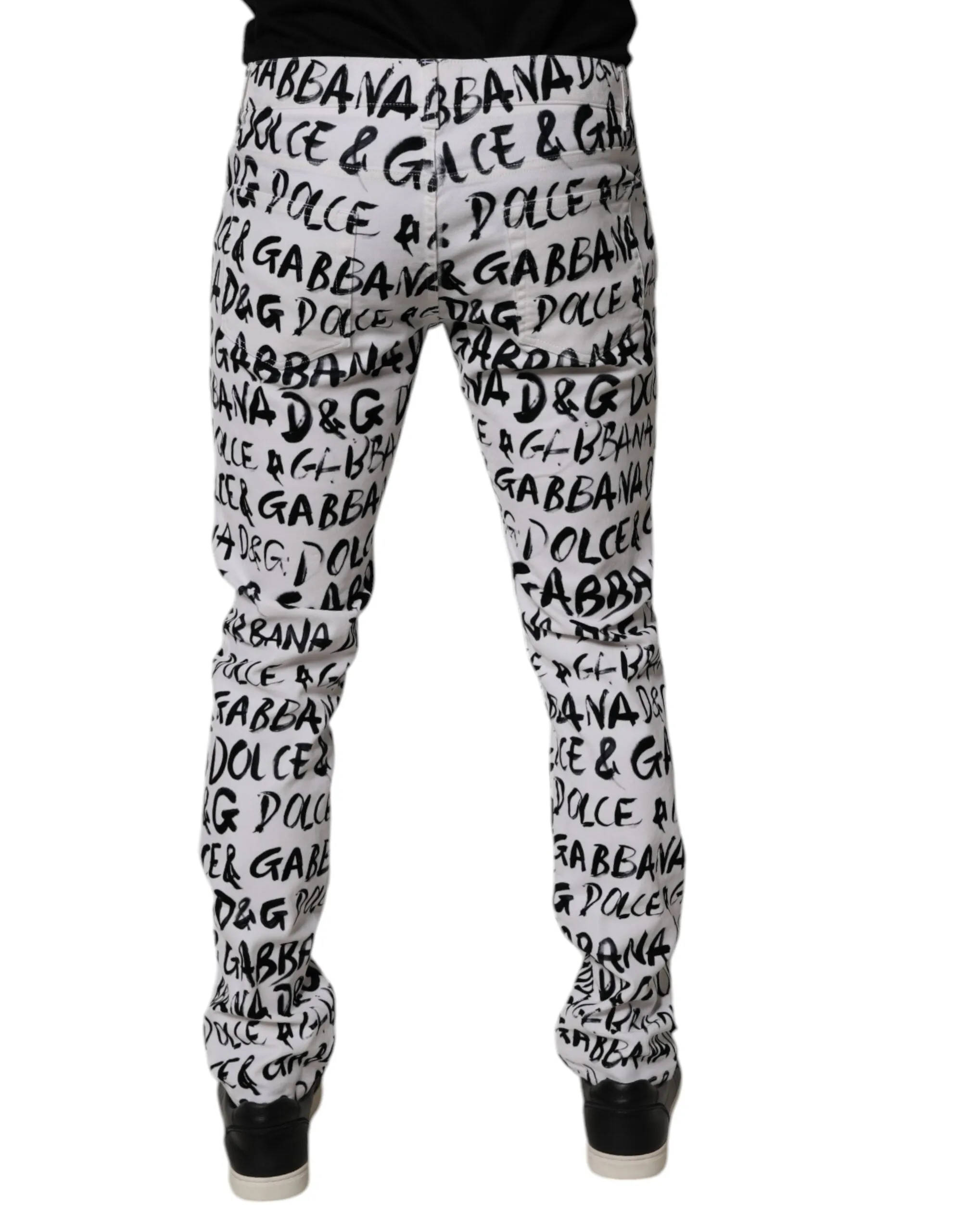 White Cotton Logo Print Skinny Denim Jeans