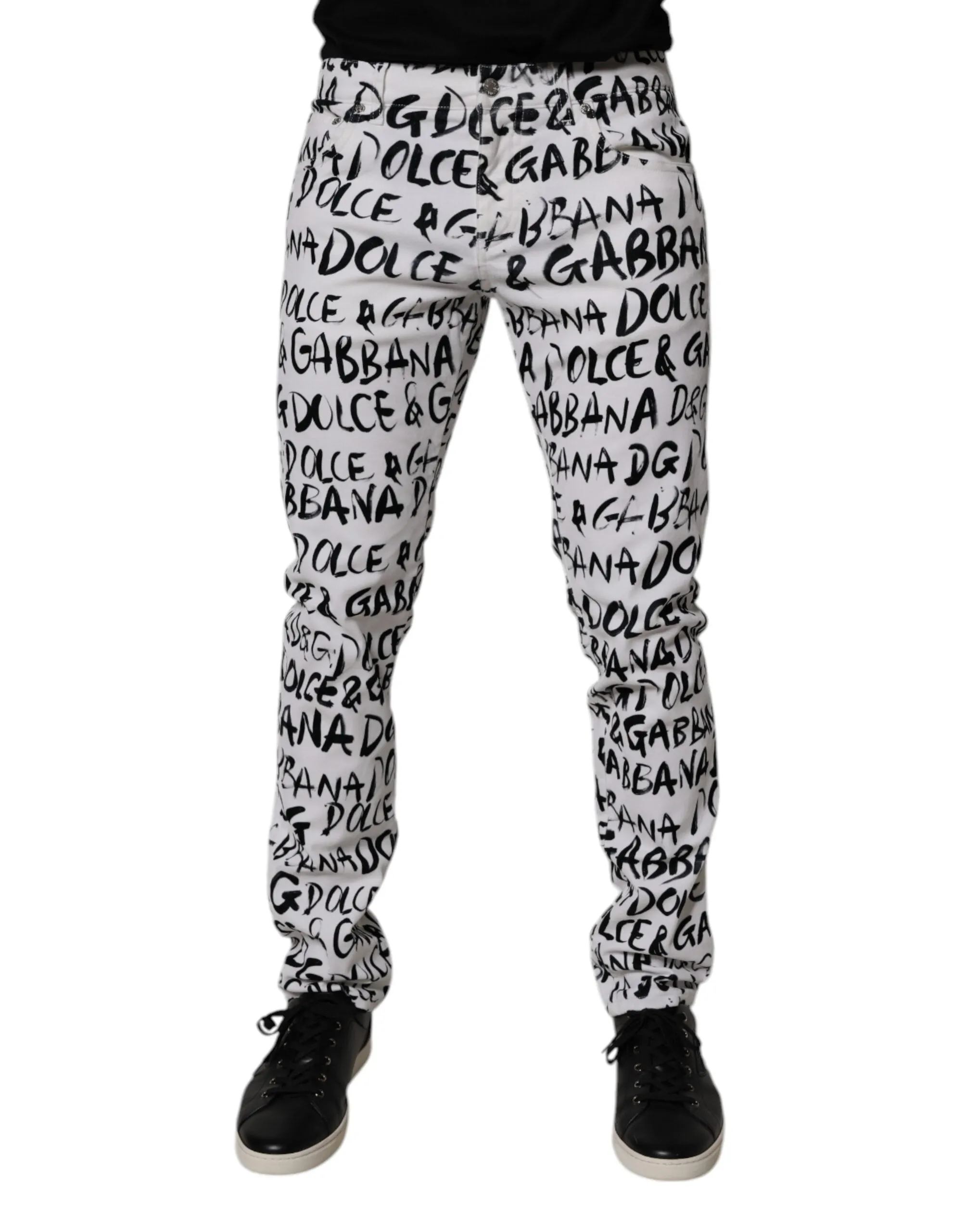 White Cotton Logo Print Skinny Denim Jeans
