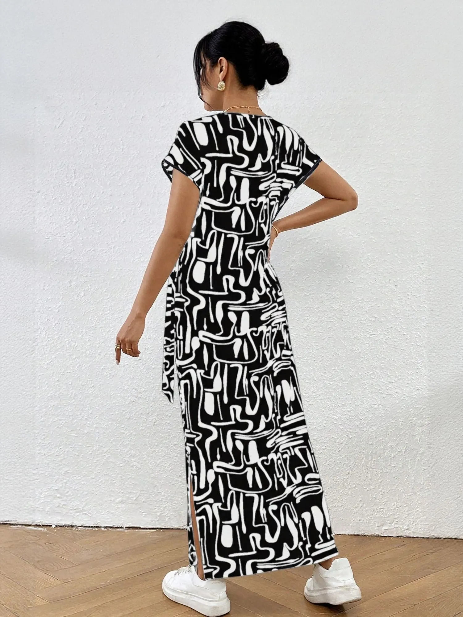 White Short Sleeve Side Slit Jersey Dress