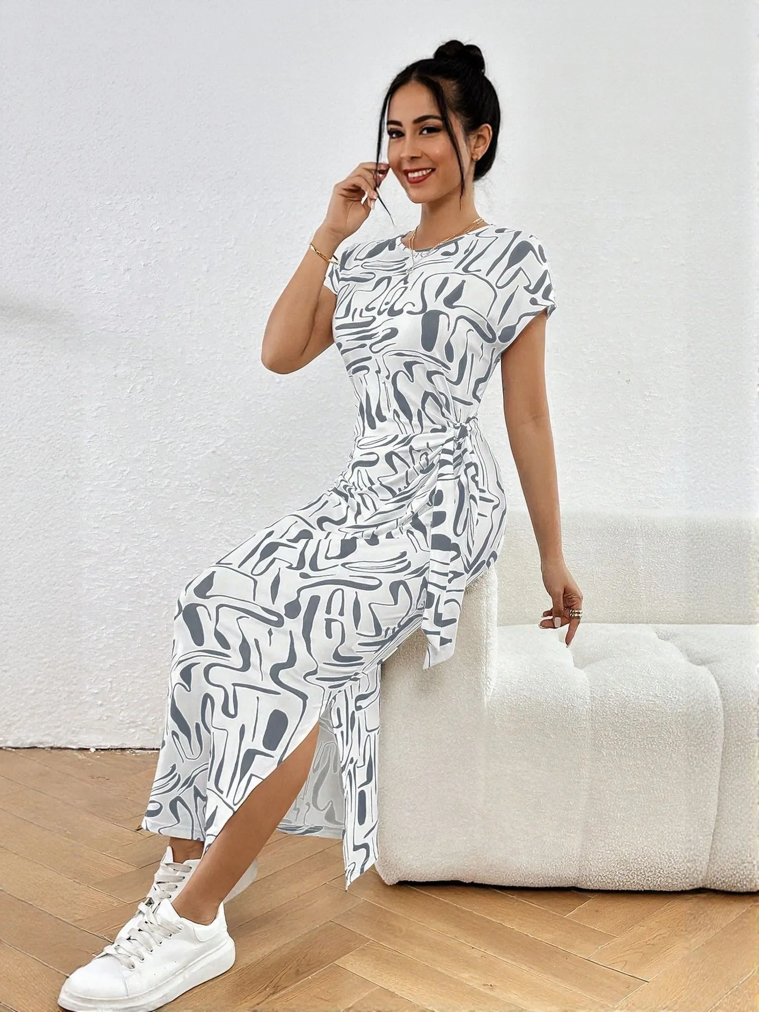 White Short Sleeve Side Slit Jersey Dress
