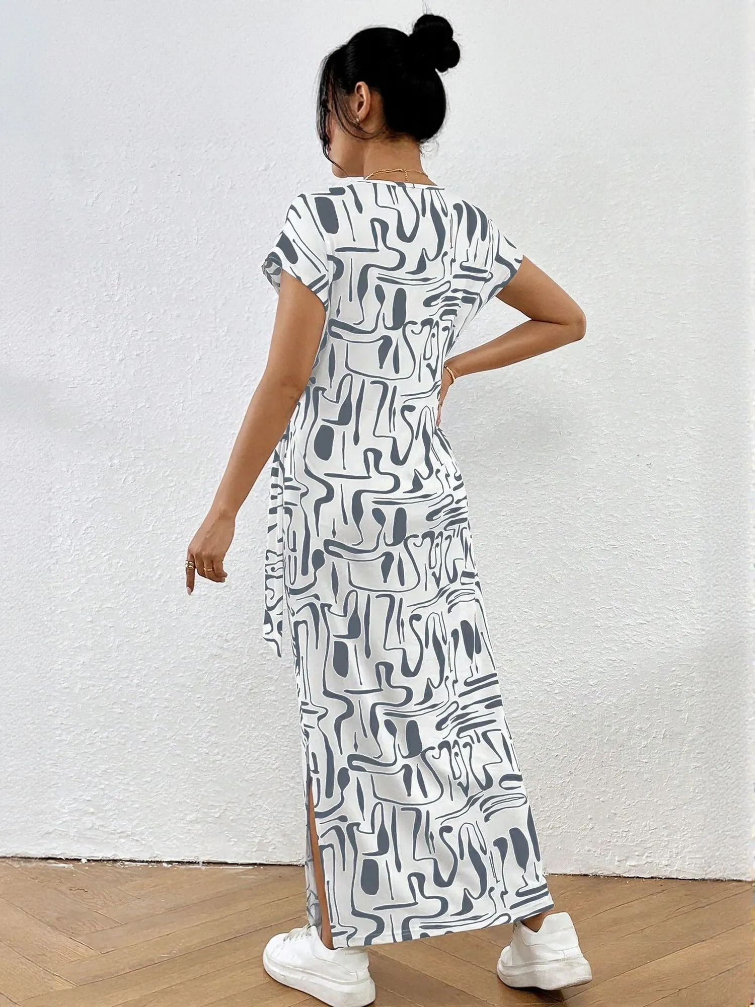 White Short Sleeve Side Slit Jersey Dress