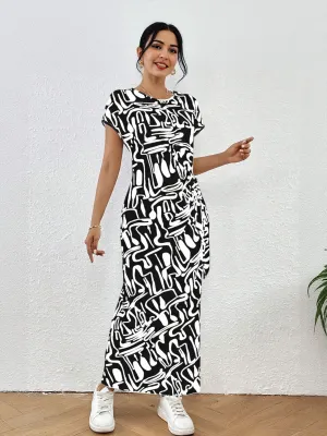 White Short Sleeve Side Slit Jersey Dress