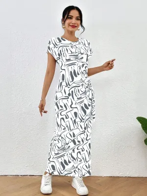 White Short Sleeve Side Slit Jersey Dress