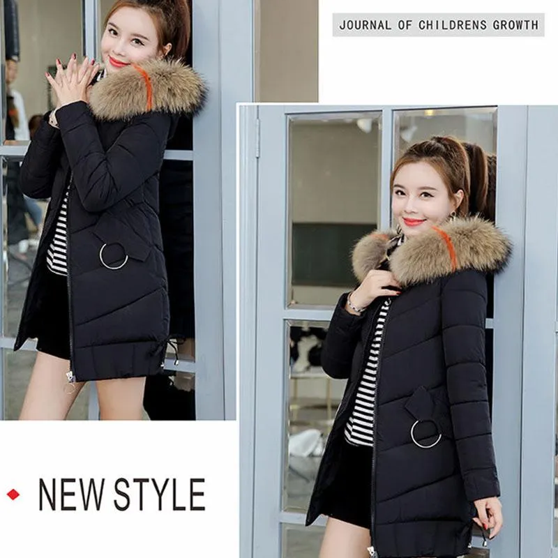 Winter Women Parkas Coats Casual Hooded Parka Jackets Warm Solid Zipper Plus Size Cotton-padded Coats with Colorful Fur Collar