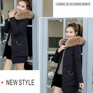 Winter Women Parkas Coats Casual Hooded Parka Jackets Warm Solid Zipper Plus Size Cotton-padded Coats with Colorful Fur Collar