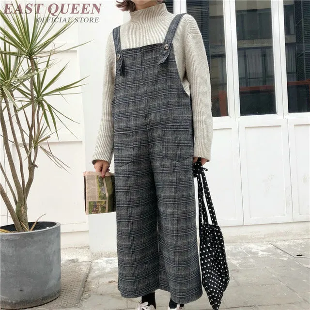 Women preppy style overall jumpsuits & rompers in spring and autumn loose plaid strips bodycon combine bodysuits  AA3346  F