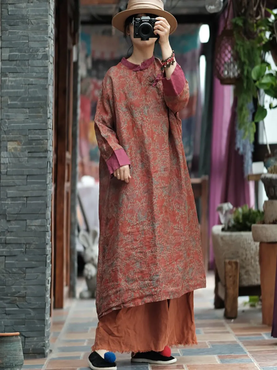 Women Summer Vintage Floral Spliced Ramie Dress