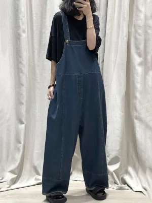 Women Summer Vintage Pure Color Denim Jumpsuits