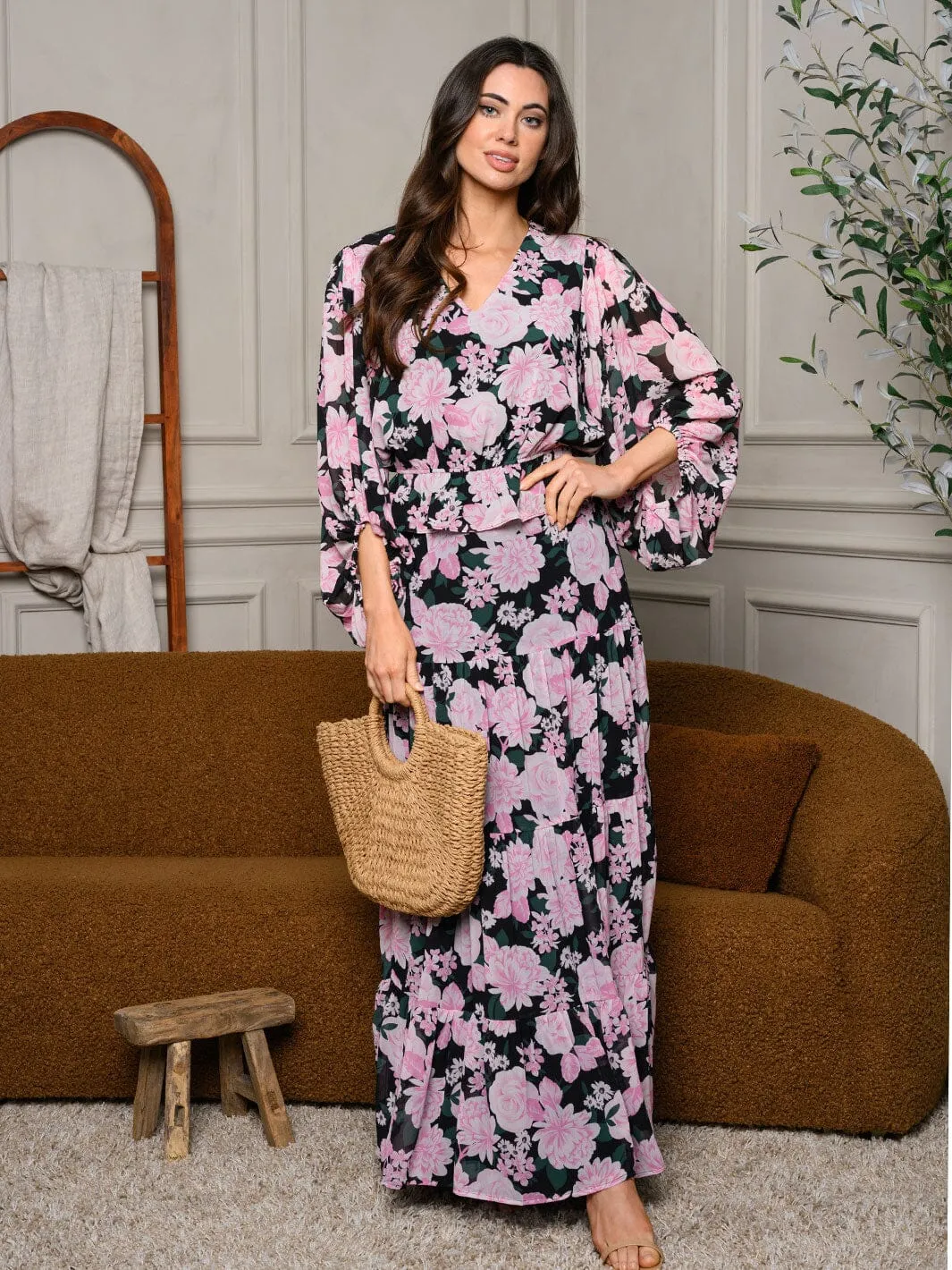 WOMEN'S 3/4 DRAPE SLEEVE TOP & TIERED MAXI SKIRT FLORAL SET