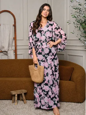WOMEN'S 3/4 DRAPE SLEEVE TOP & TIERED MAXI SKIRT FLORAL SET