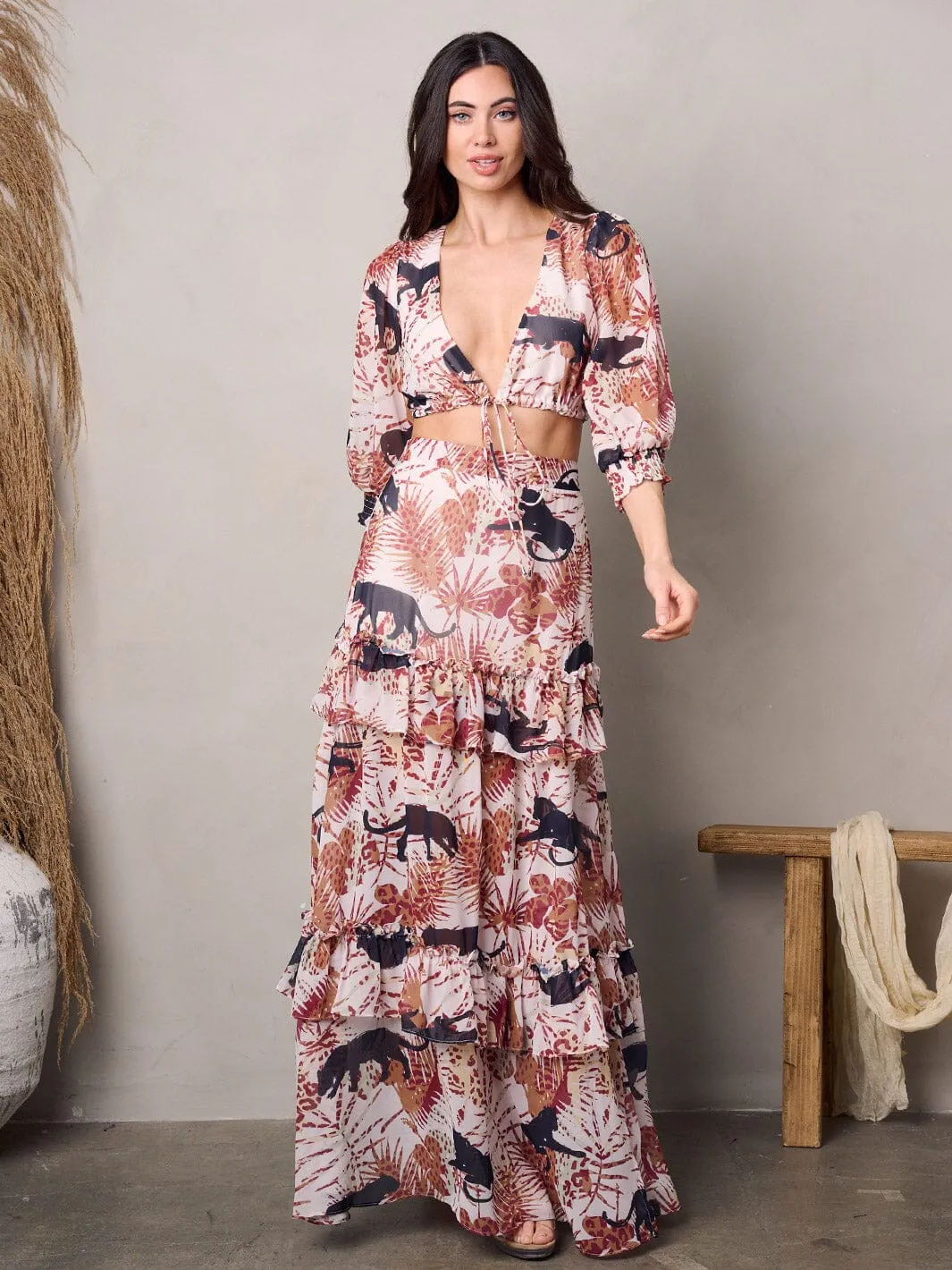 WOMEN'S 3/4 SLEEVES TOP & MAXI SKIRT MULTI PRINT SETS