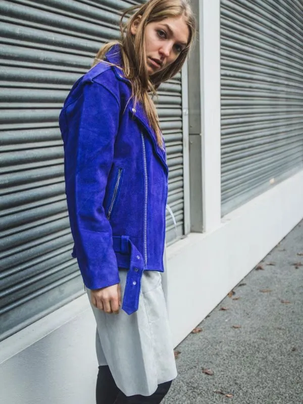 Womens Blue Cobalt Suede Biker Jacket In Oversized Fit