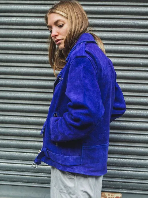 Womens Blue Cobalt Suede Biker Jacket In Oversized Fit