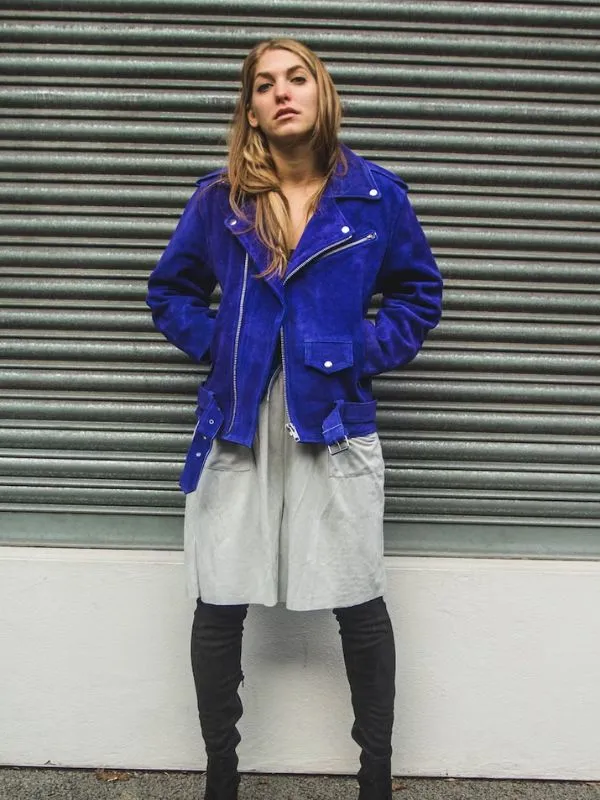 Womens Blue Cobalt Suede Biker Jacket In Oversized Fit