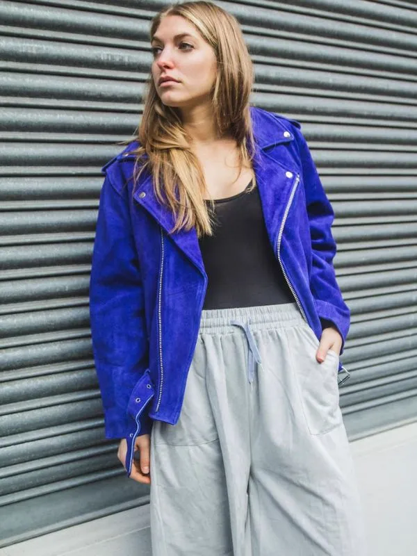 Womens Blue Cobalt Suede Biker Jacket In Oversized Fit