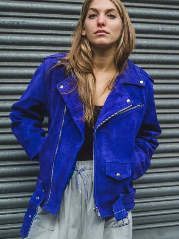 Womens Blue Cobalt Suede Biker Jacket In Oversized Fit
